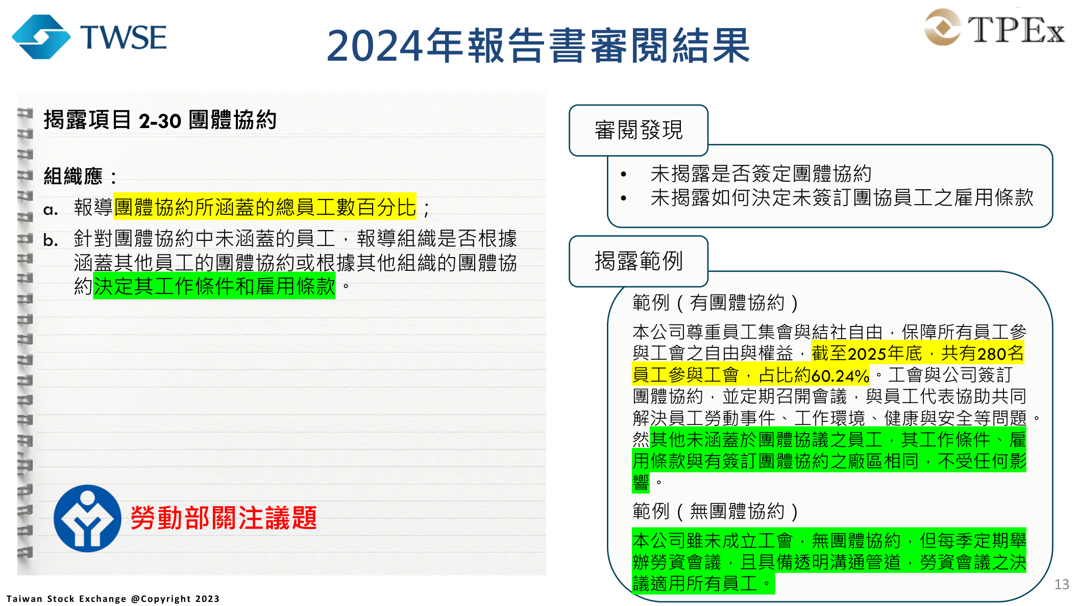 GRI 2-30團體協約揭露範例：有工會與無工會員工雇用條款說明